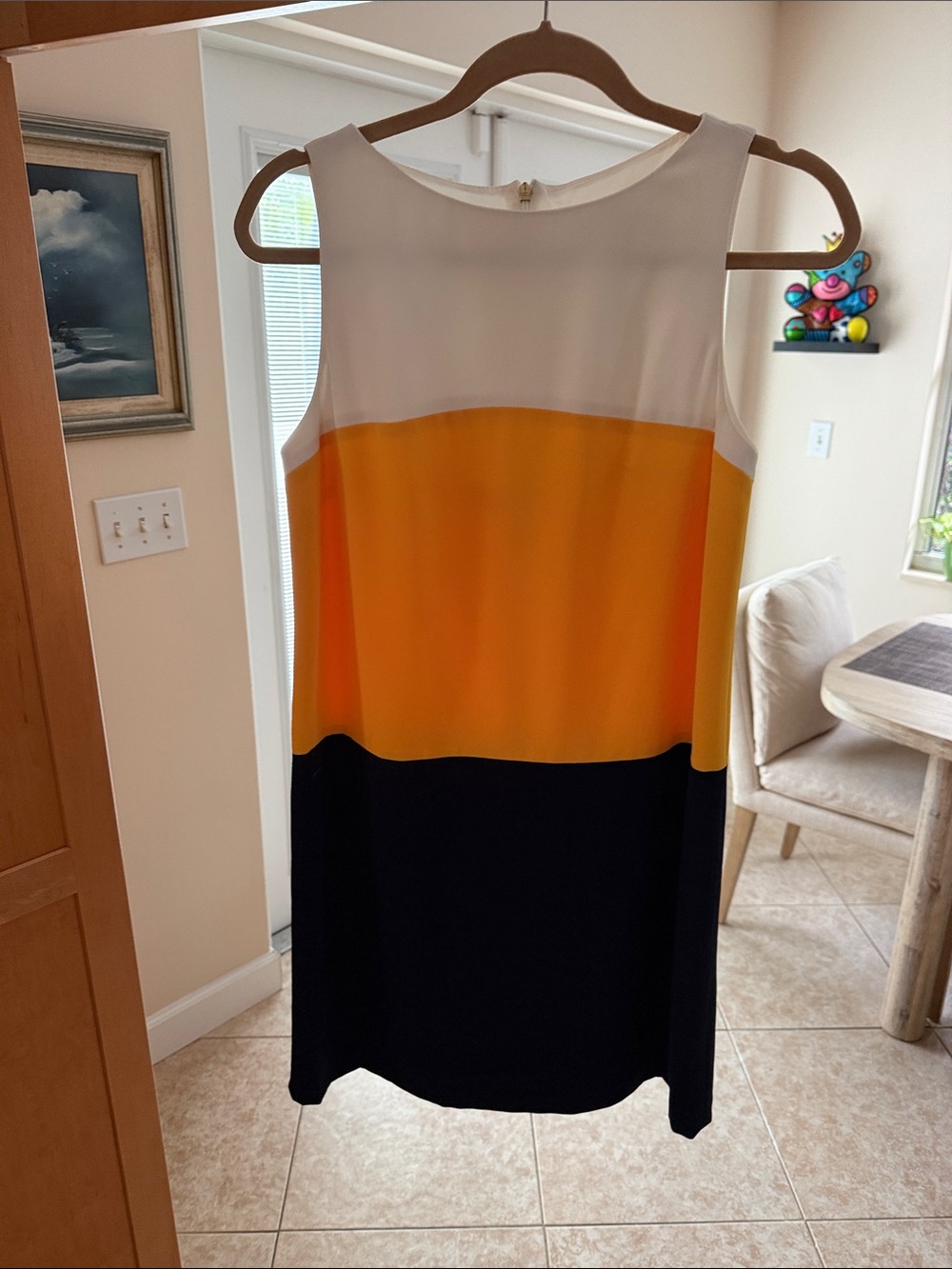Trina Turk White, Yellow & Navy Sleeveless Colorblock Midi Dress